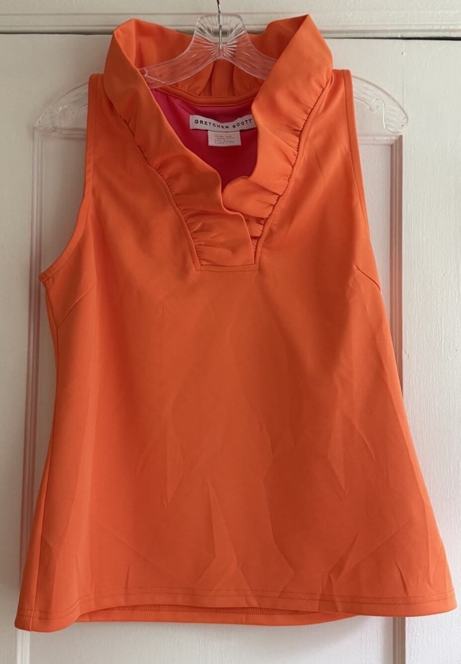 Gretchen Scott Jersey Sleeveless Ruffleneck Top Womens L (12) Orange Stretch